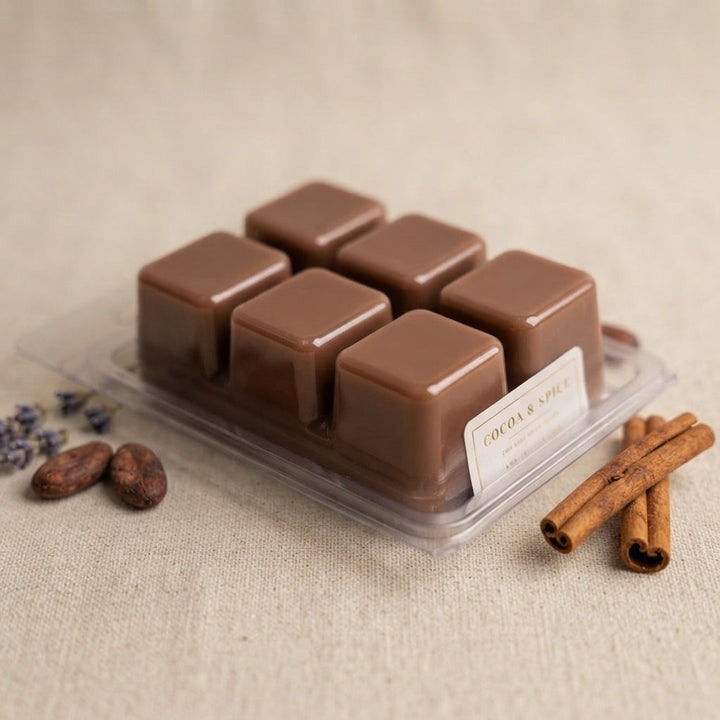 Wax melt cubes in clear clamshell, dark brown, with cinnamon sticks nearby