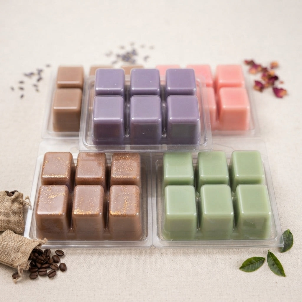 Assorted wax melts in clear clamshells, mixed colors including pink, purple, and green