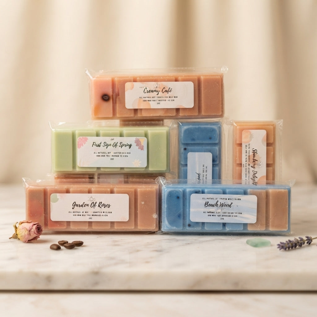 Mixed wax melts bars in assorted colors, displayed in clear plastic packages