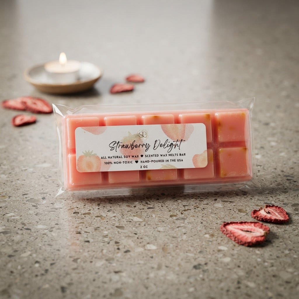 Strawberry Delight wax melts bar with pink-orange wax blocks in clear packaging