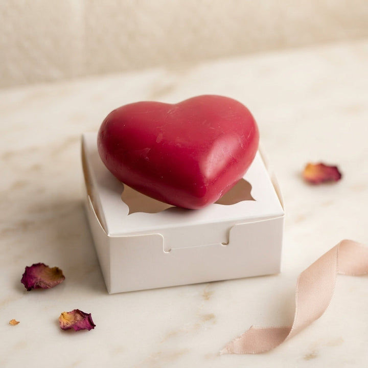 Red heart wax freshener in white gift box with cutout heart window