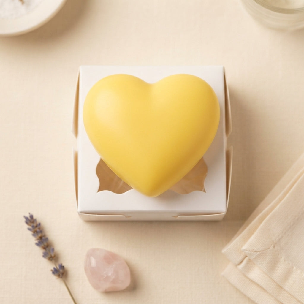 Yellow heart wax freshener in white gift box with heart-shaped cutout