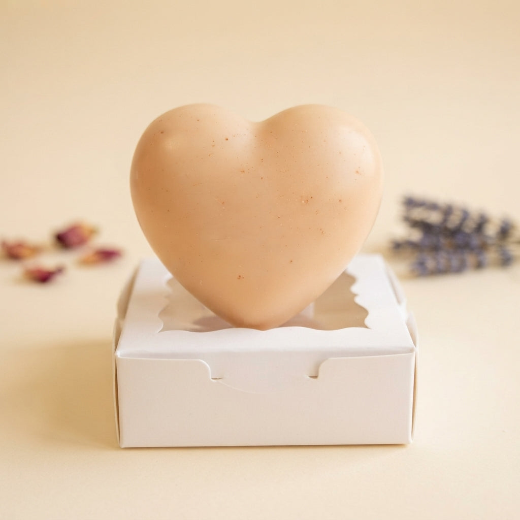 Beige heart wax freshener in white gift box with heart-shaped cutout