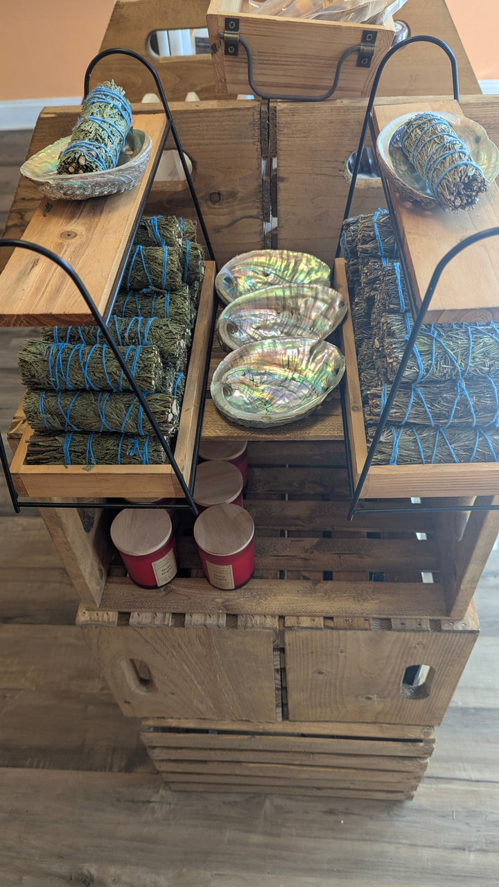Abalone shell display set with round iridescent shell dishes on metal racks
