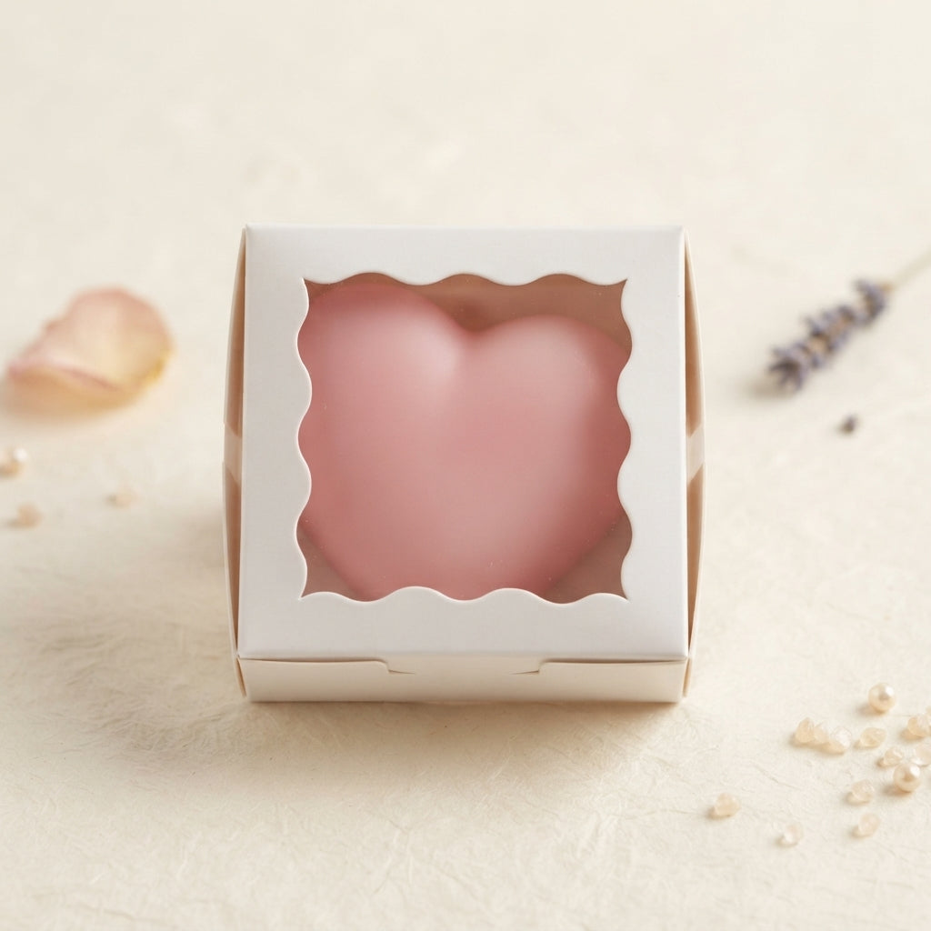 Pink heart wax freshener in white gift box with scalloped heart window