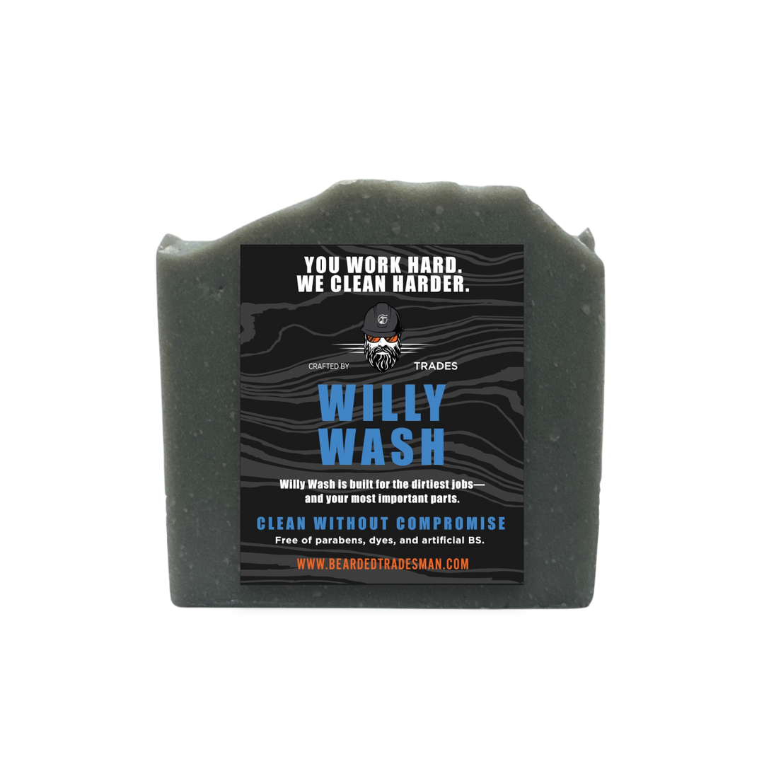 Rectangular Willy Wash bar soap with front label on dark gray bar