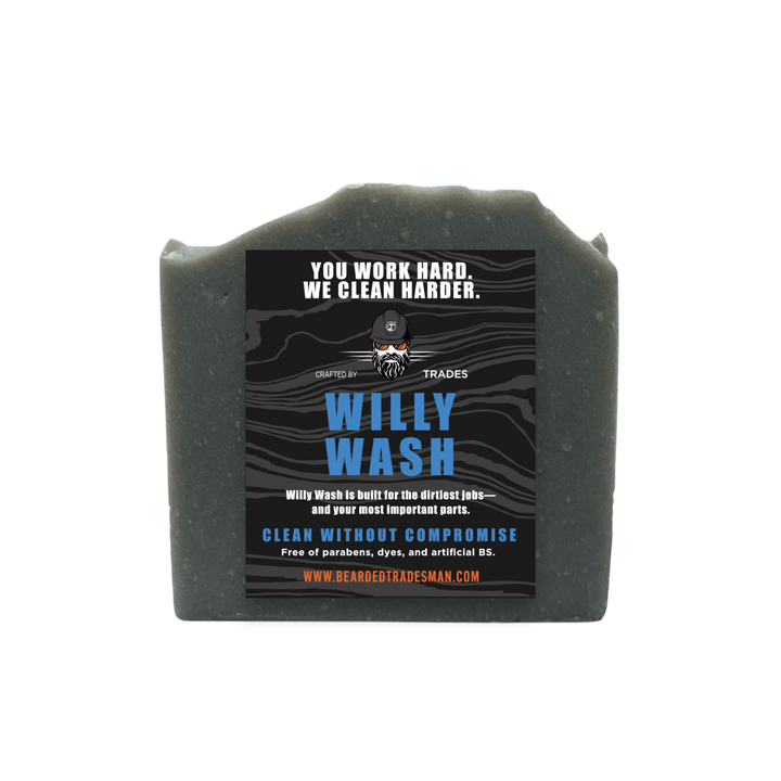 Rectangular Willy Wash bar soap with front label on dark gray bar