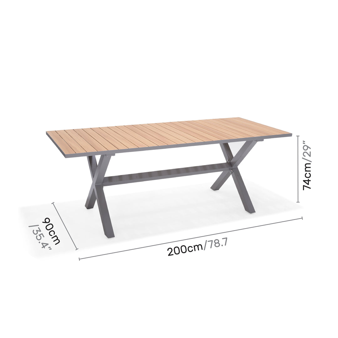 Outdoor rectangular table, light wood slat top and gray metal legs; shows size 200x95cm