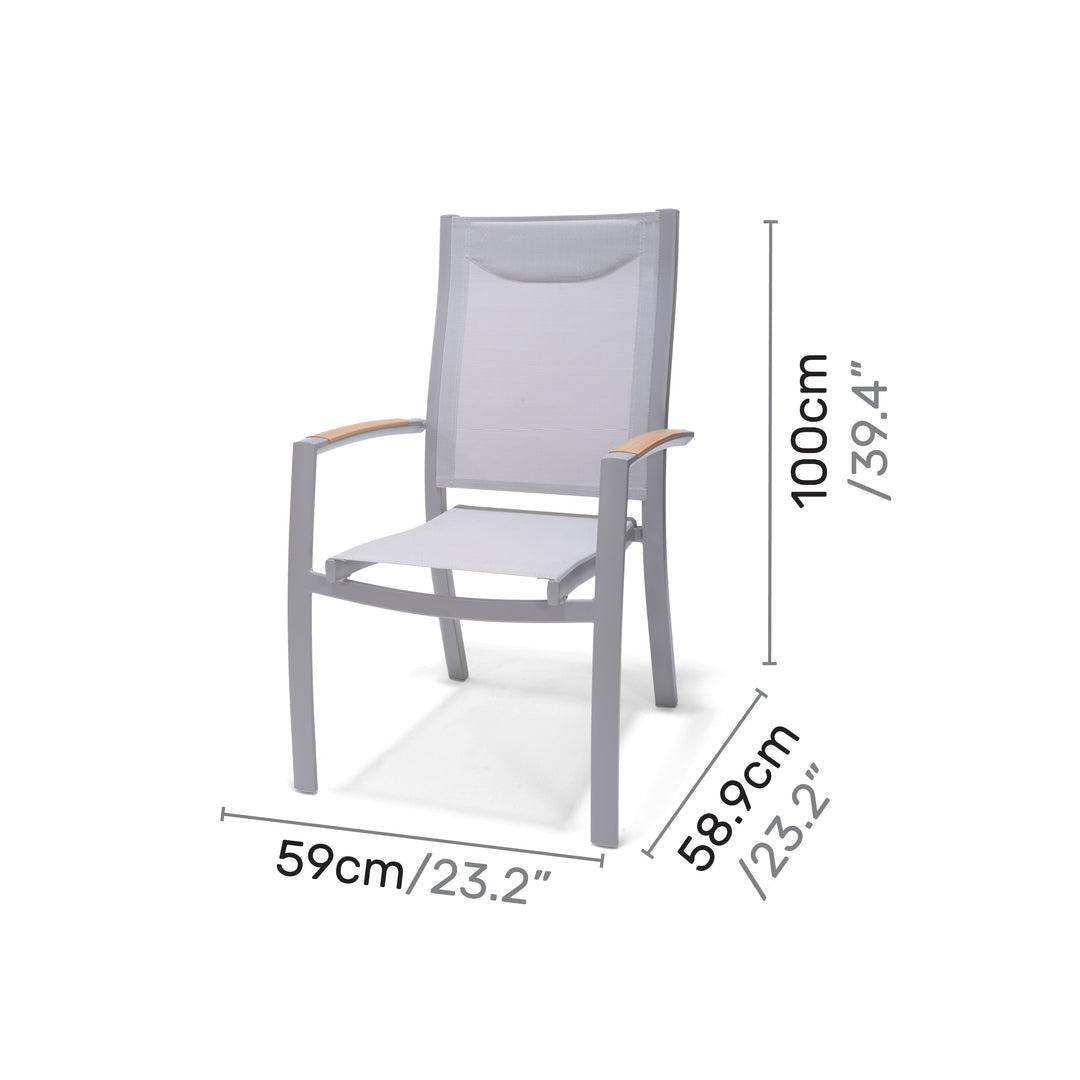 Single outdoor dining chair with gray frame, white mesh back, and light wood armrests