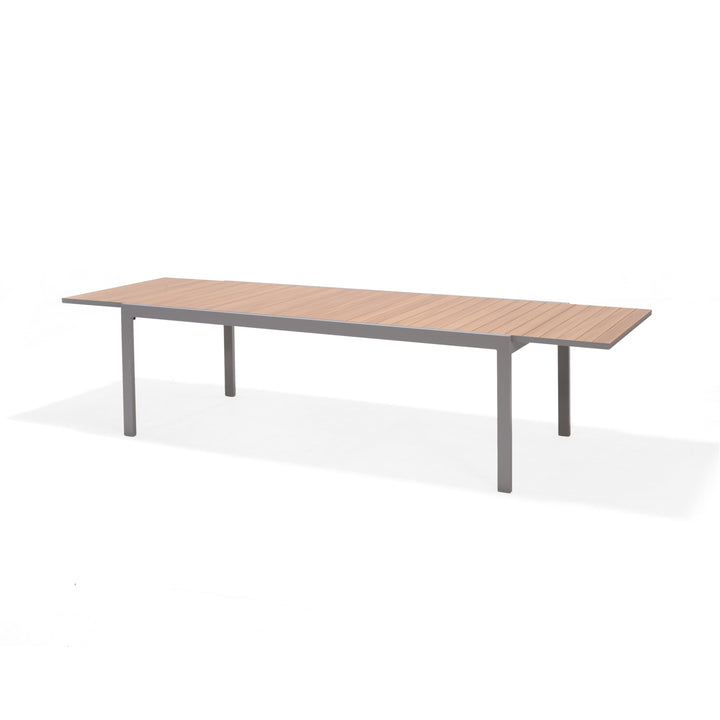 Extendable outdoor table with light wood tabletop and gray metal frame