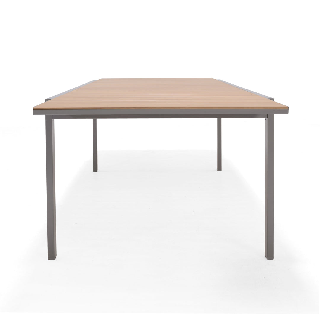 Extendable patio table with light wood rectangular top and gray metal legs
