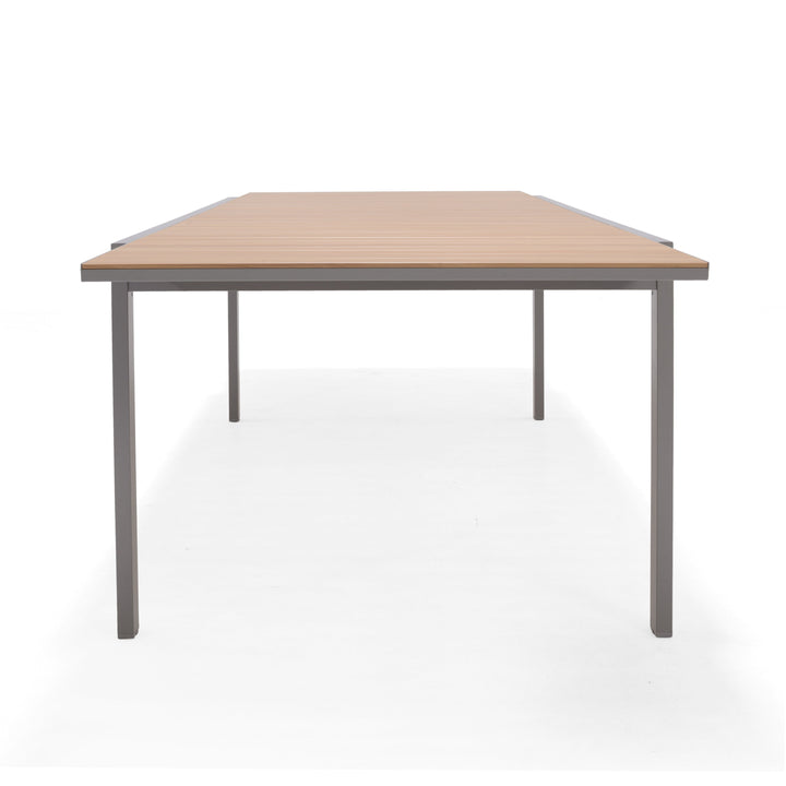Extendable patio table with light wood rectangular top and gray metal legs