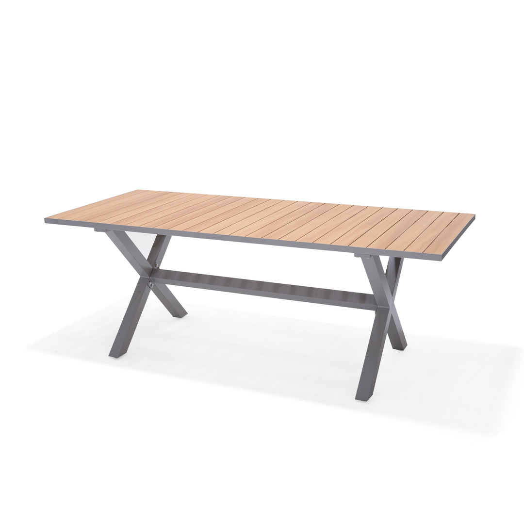 Rectangular outdoor table with light wood slat top and gray metal X-frame legs