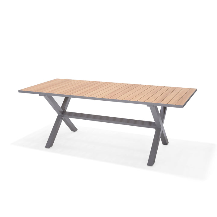 Rectangular outdoor table with light wood slat top and gray metal X-frame legs