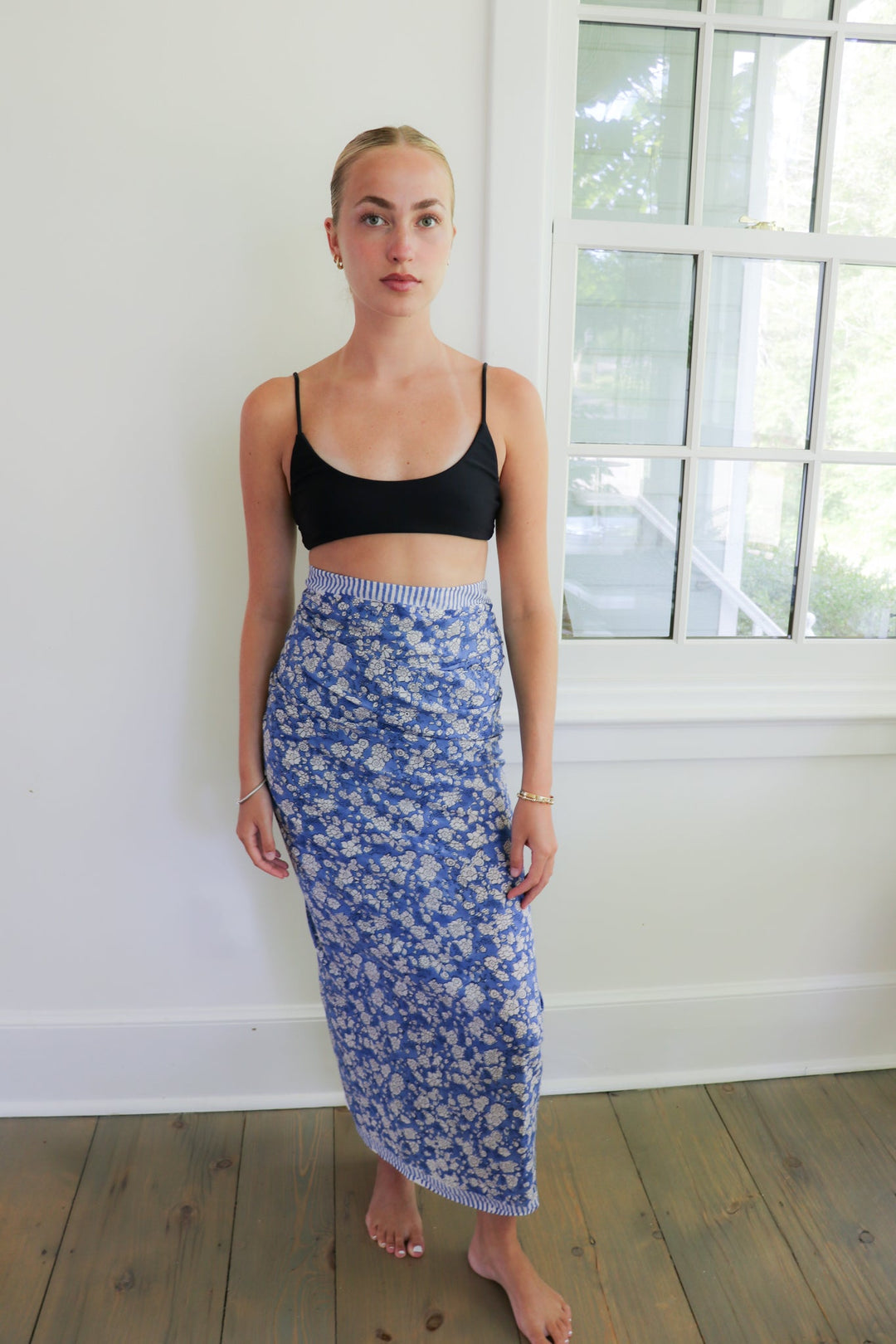 Blue floral pareo wrap skirt with striped smocked waistband, ankle-length