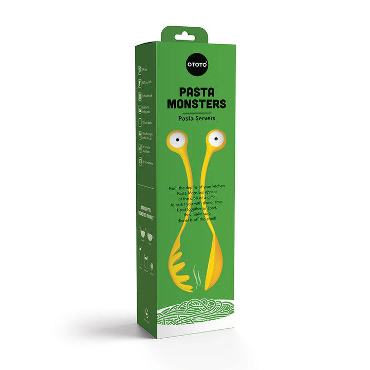 Green retail box packaging featuring yellow monster pasta server design