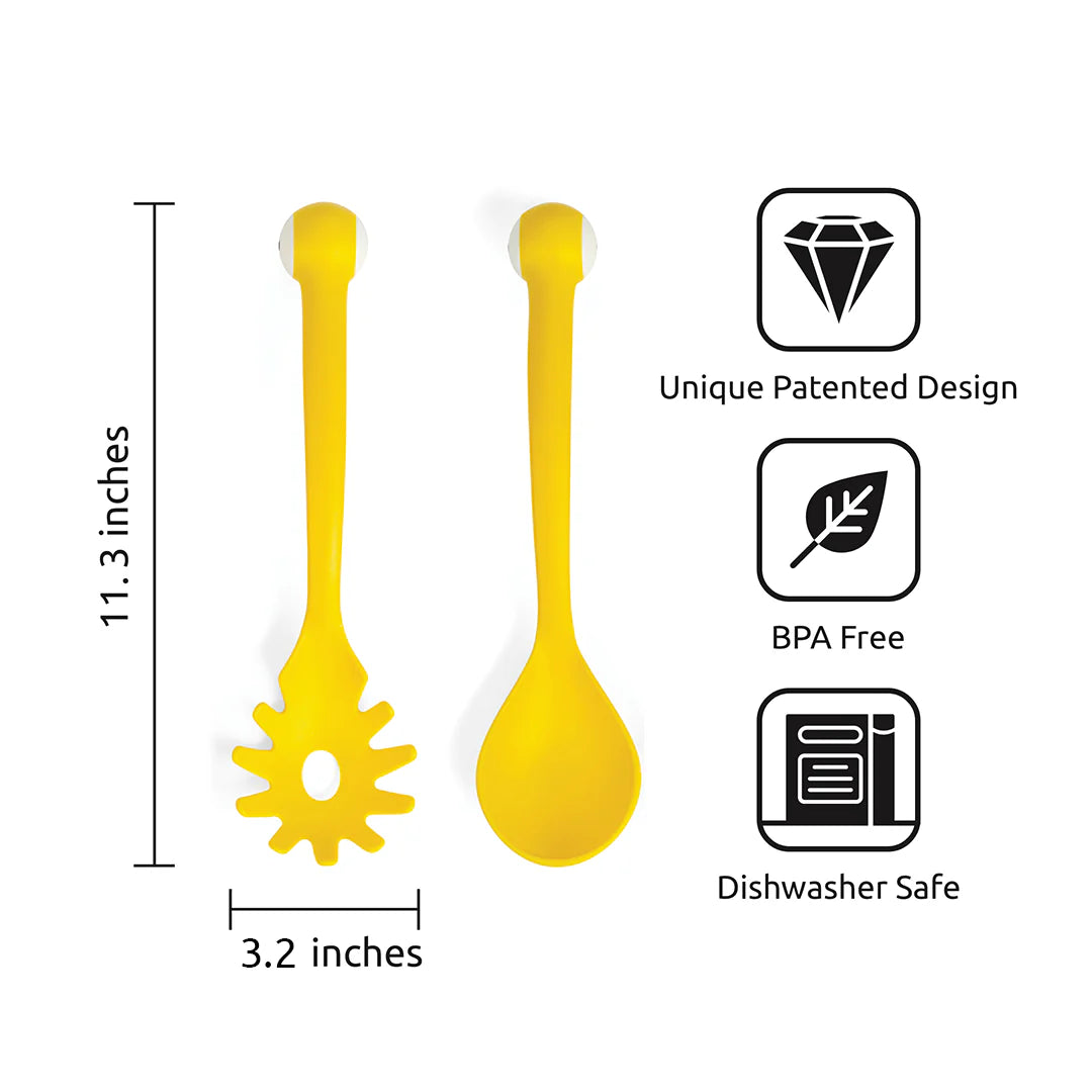 Yellow plastic monster pasta servers with size icons: 11.3 in shown