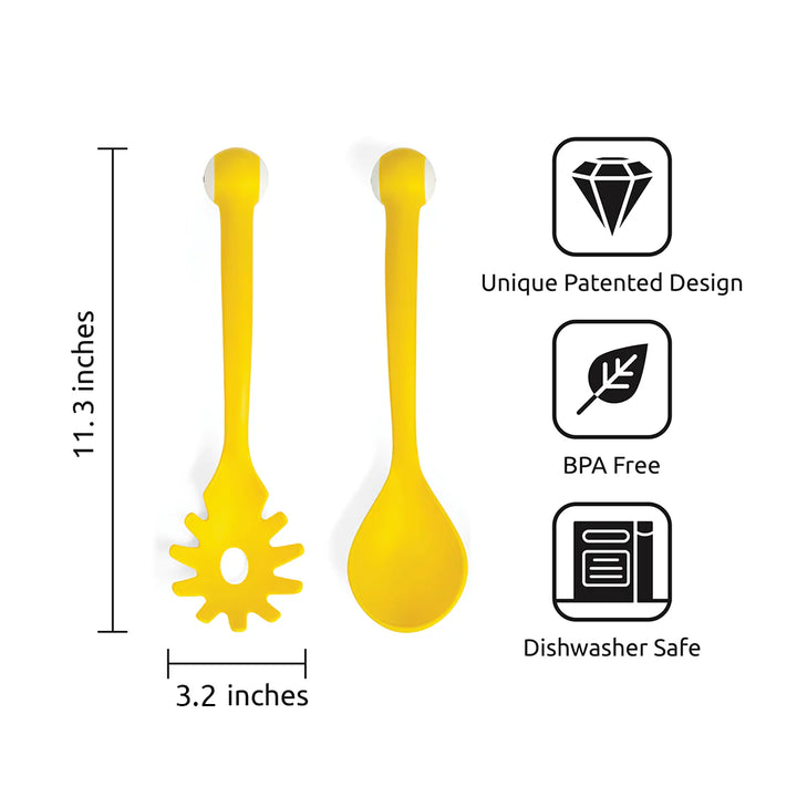 Yellow plastic monster pasta servers with size icons: 11.3 in shown