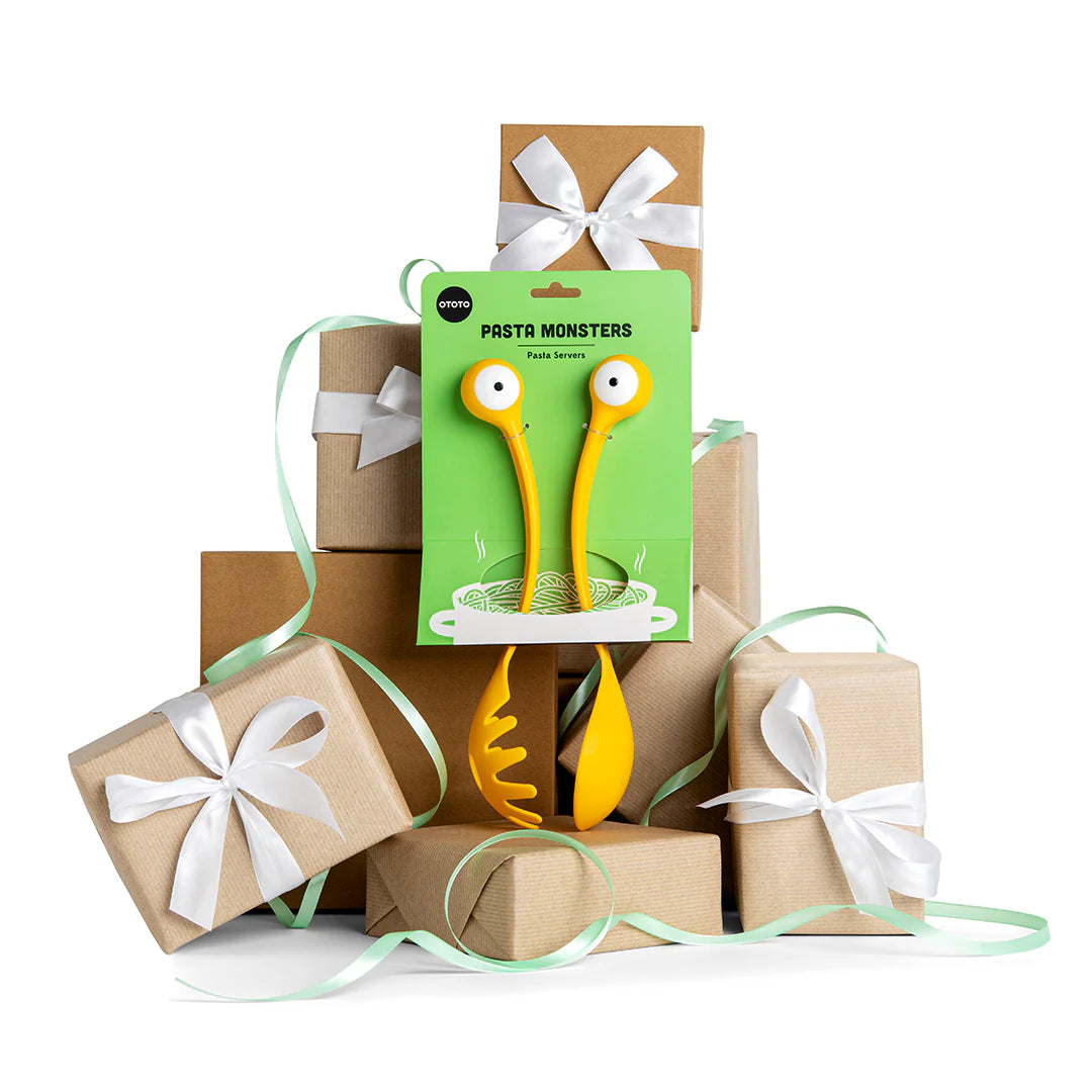 Gift set with retail box and two yellow monster pasta servers