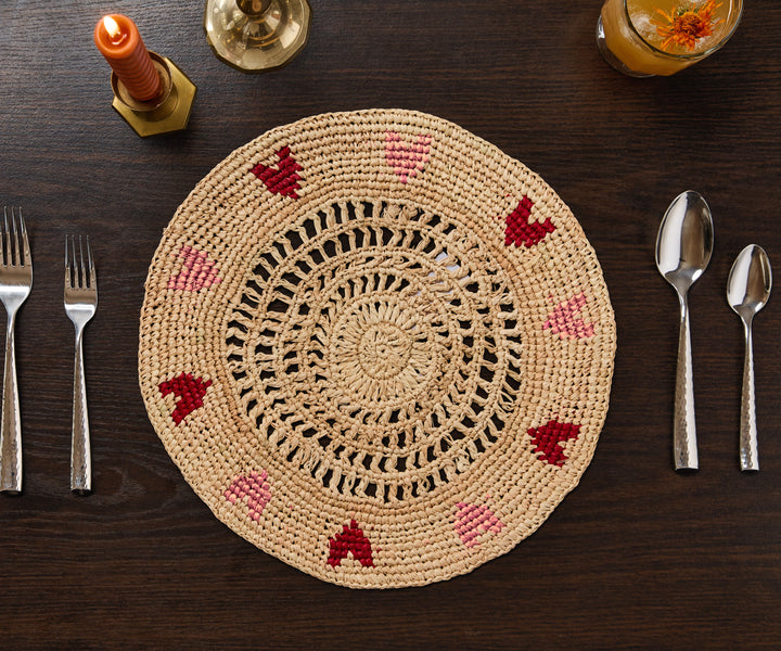 Handwoven Heart Raffia Placemat