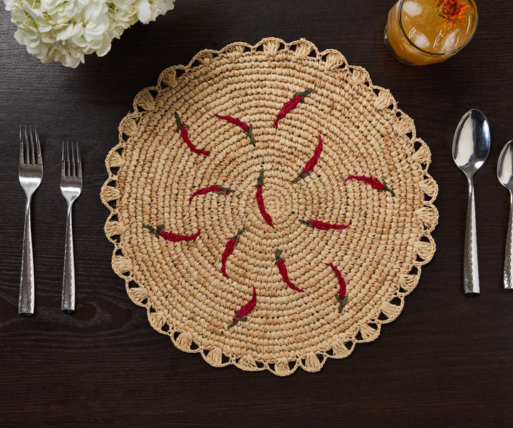 Scattered Chili Pepper Handwoven Raffia Round Placemat