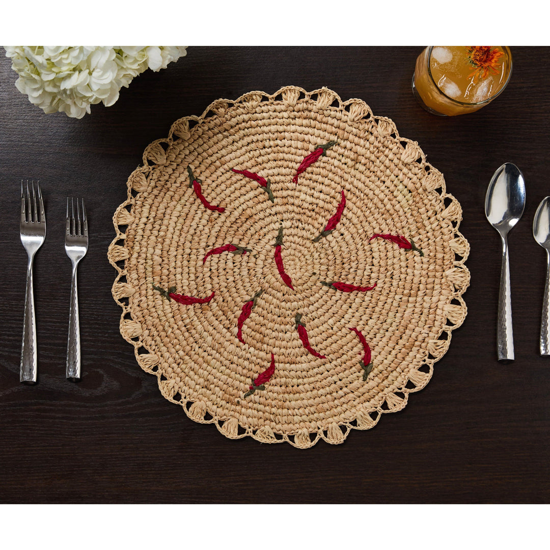 Scattered Chili Pepper Handwoven Raffia Round Placemat