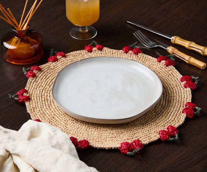 Cherry Scalloped Edge Hand-Crocheted Raffia Placemat