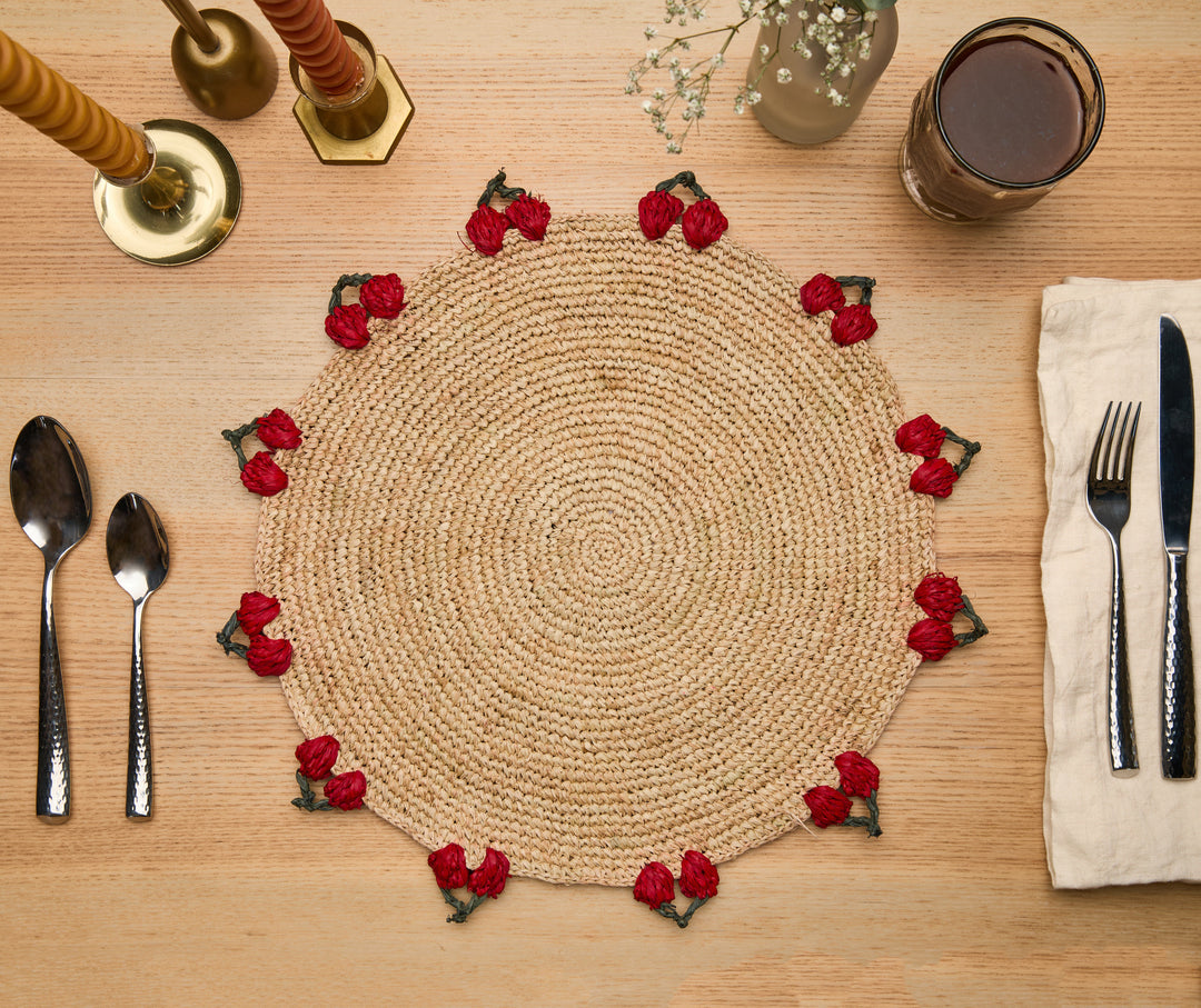Cherry Scalloped Edge Hand-Crocheted Raffia Placemat
