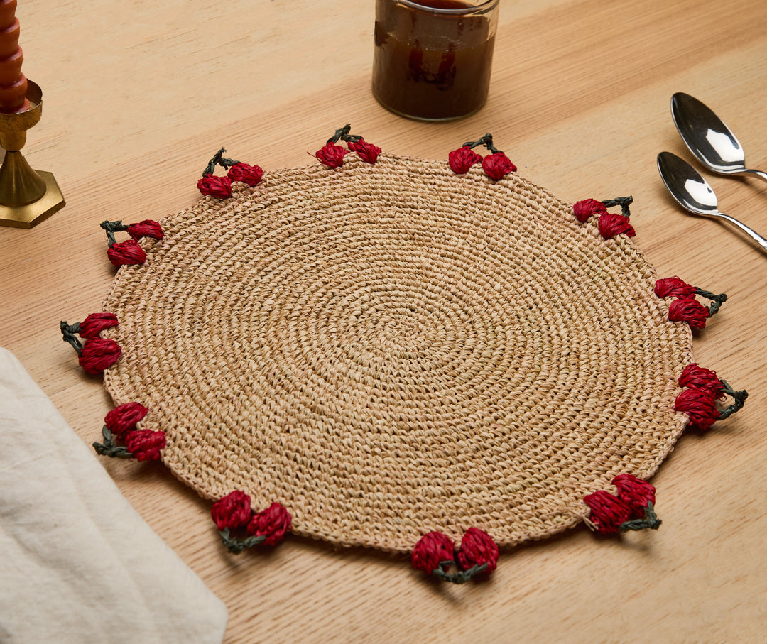Cherry Scalloped Edge Hand-Crocheted Raffia Placemat