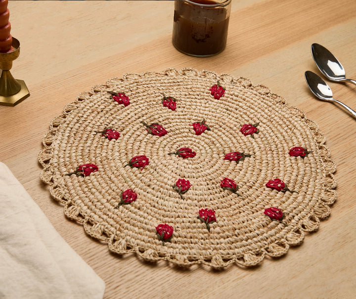 Handwoven Raffia Scattered Strawberry Placemat