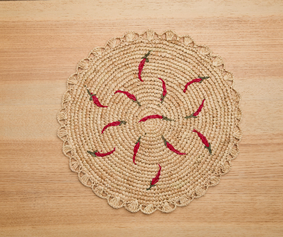 Scattered Chili Pepper Handwoven Raffia Round Placemat