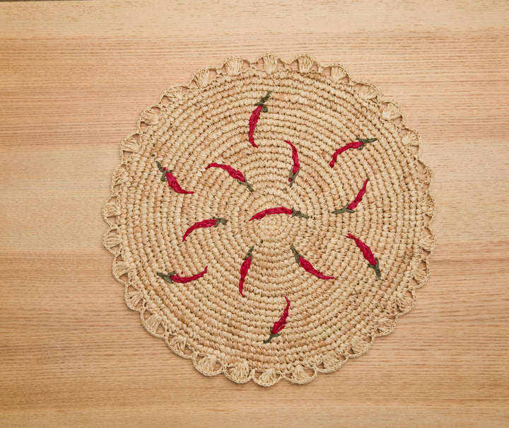 Scattered Chili Pepper Handwoven Raffia Round Placemat