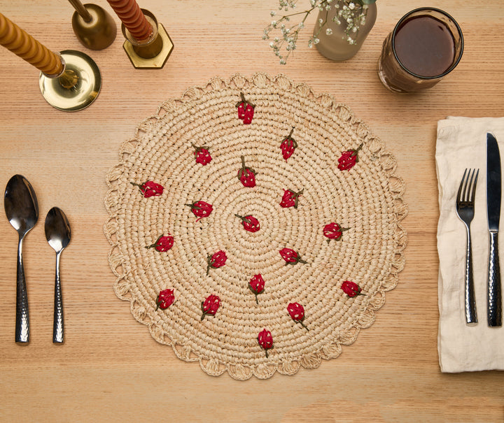 Handwoven Raffia Scattered Strawberry Placemat