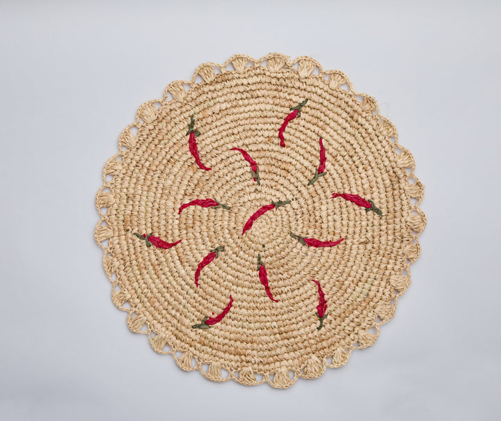 Scattered Chili Pepper Handwoven Raffia Round Placemat