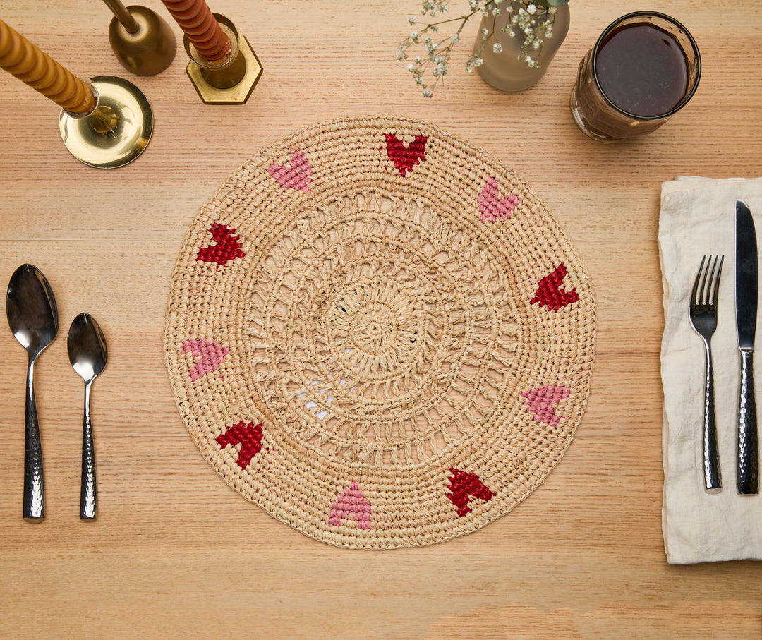 Handwoven Heart Raffia Placemat