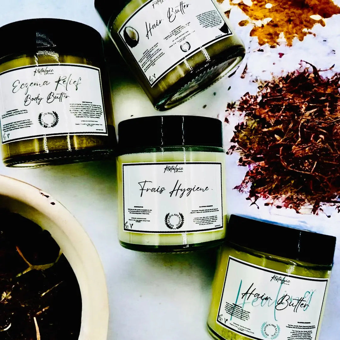 Set of body butter jars with black lids, green cream, and printed ingredient labels
