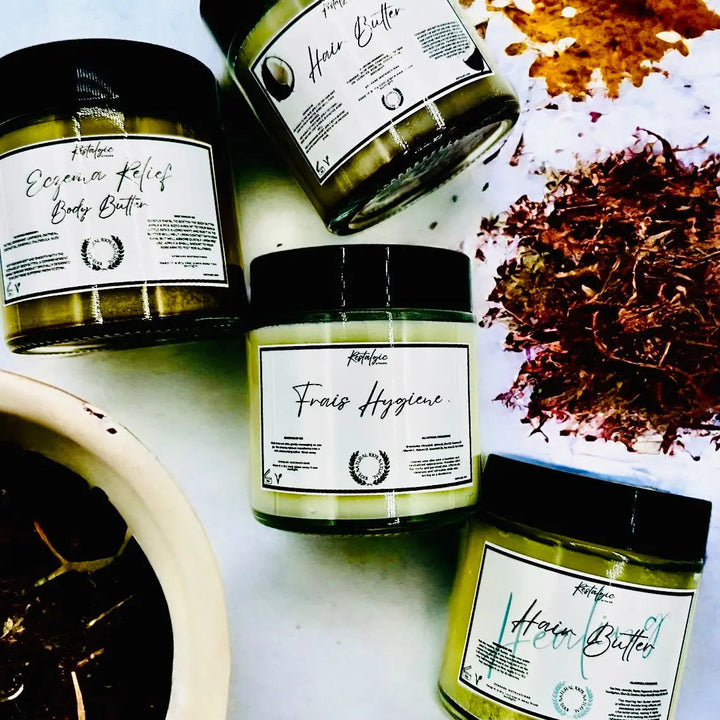 Set of body butter jars with black lids, green cream, and printed ingredient labels