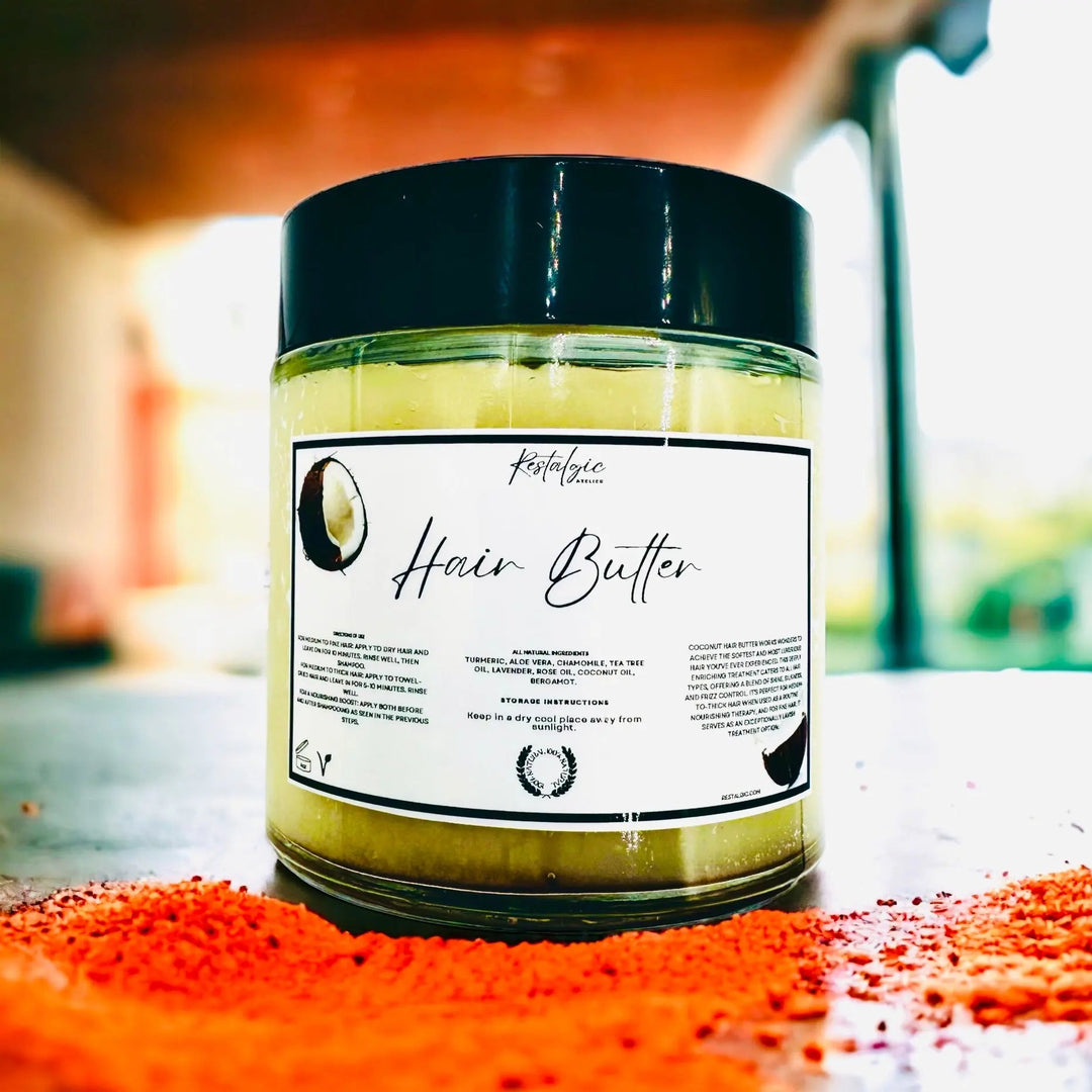 Hair butter jar with black lid and yellow-green cream, front label with ingredient details