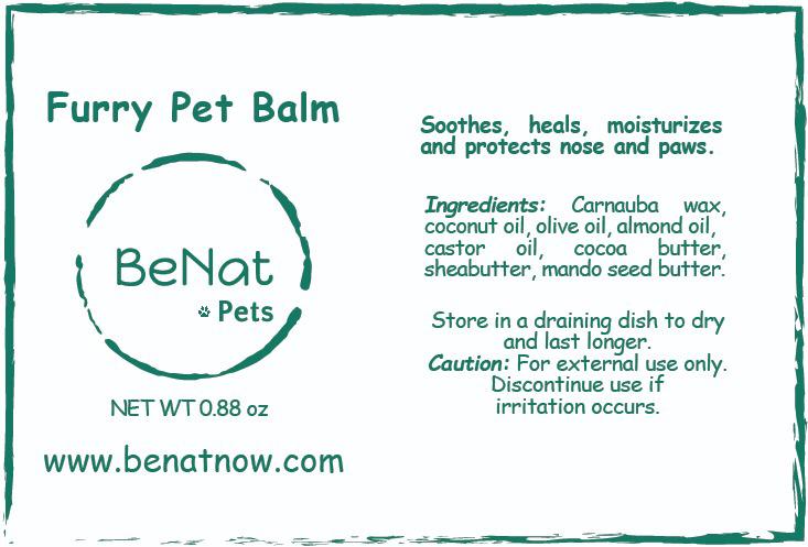 BeNat Pets Furry Pet Balm box label with directions and ingredient list, 0.88 oz