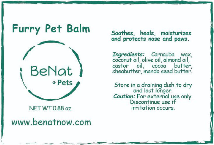 BeNat Pets Furry Pet Balm box label with directions and ingredient list, 0.88 oz