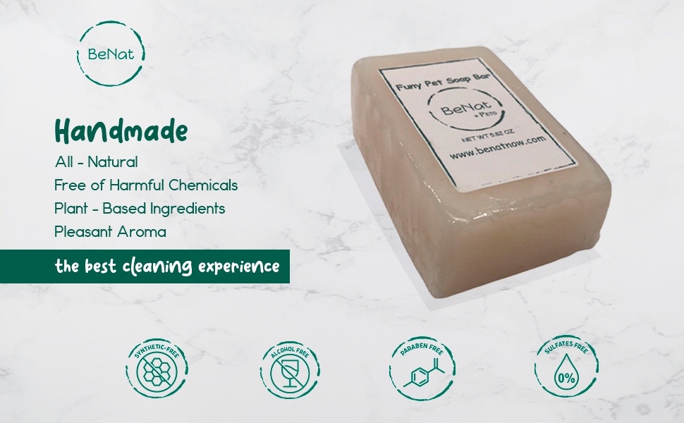 All-natural pet shampoo bar oat handmade benefits graphic with soap bar
