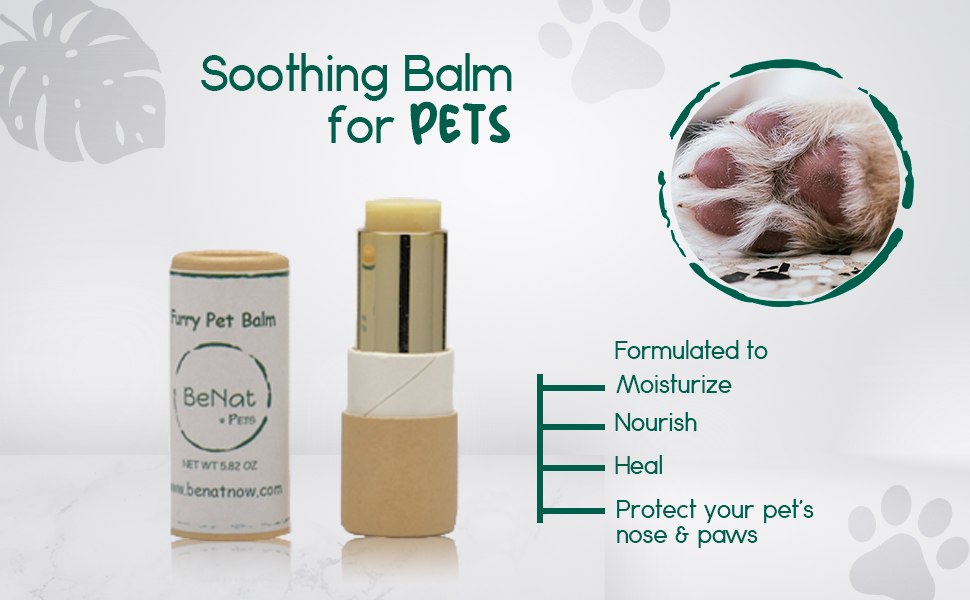 Pet balm stick and round tin shown on pet-care marketing graphic with icons