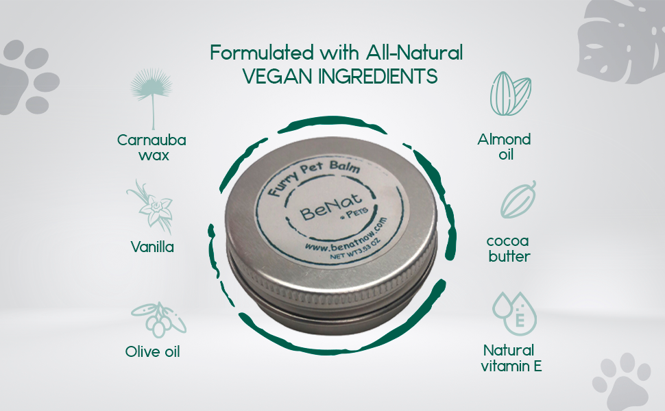 Round pet balm tin centered with vegan ingredient icons around it