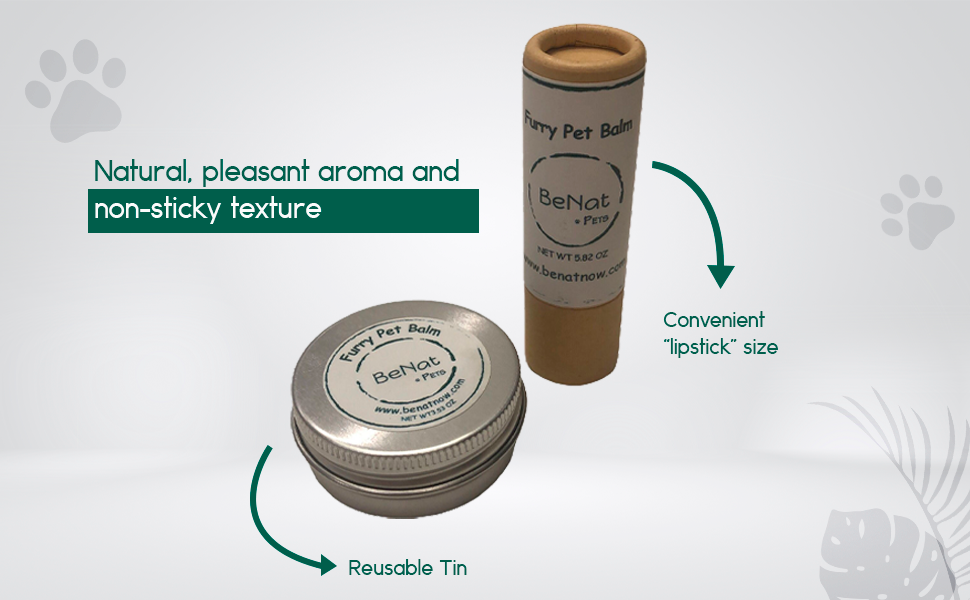 Pet balm stick and reusable tin shown with convenience and texture callouts