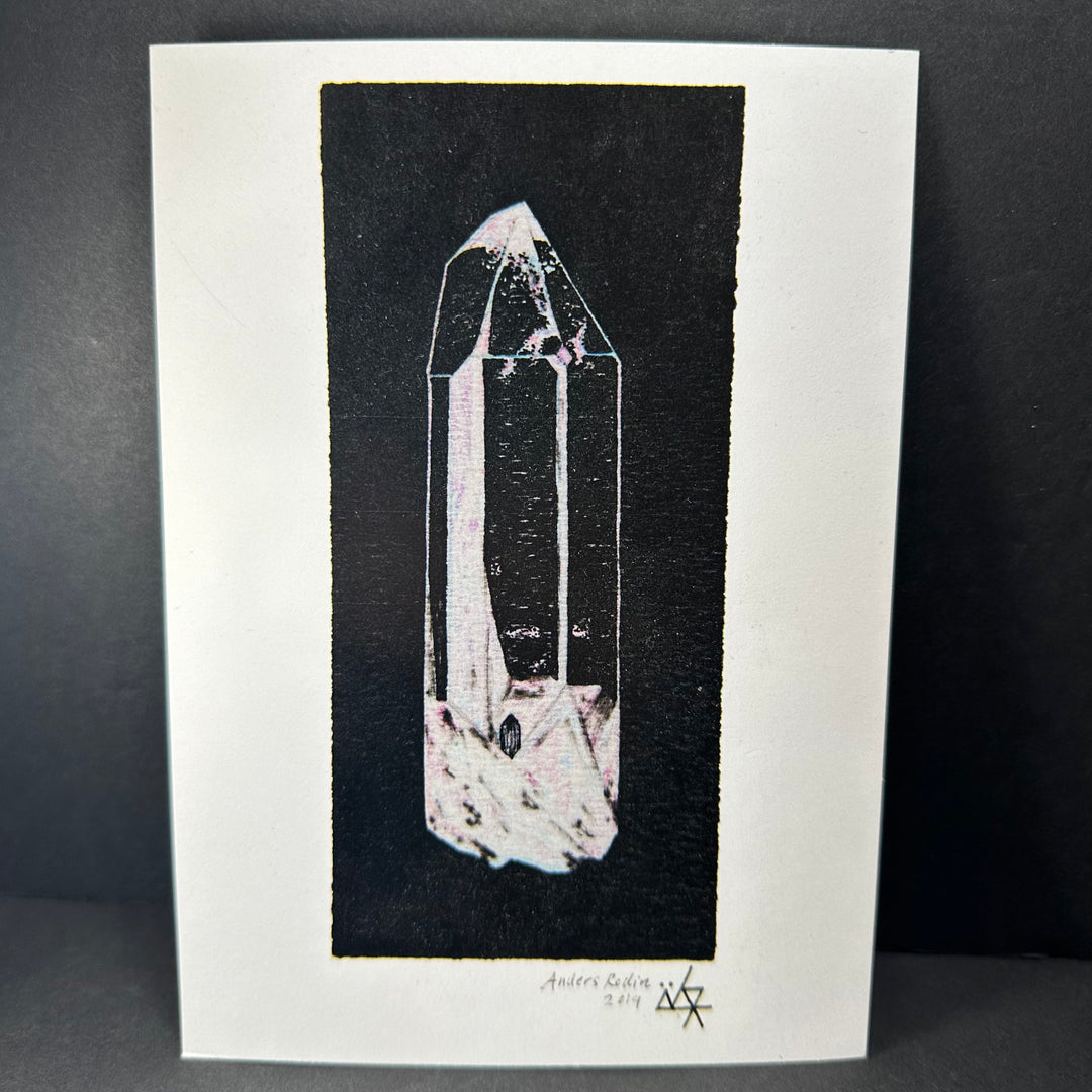 Quartz crystal artwork postcard, hand-drawn on black with white border