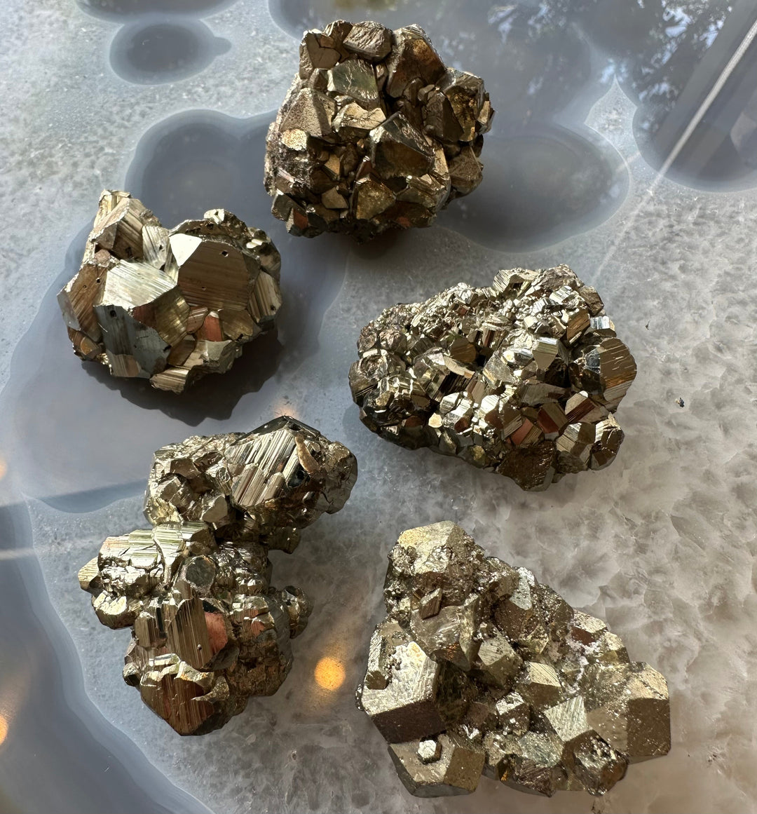 C Grade cubic pyrite crystal clusters in metallic gold, set of five