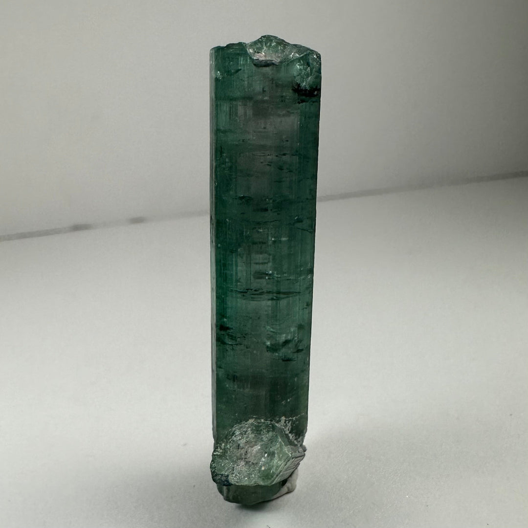 Indicolite Tourmaline with Rubellite mineral specimen, tall dark-green crystal with textured ends