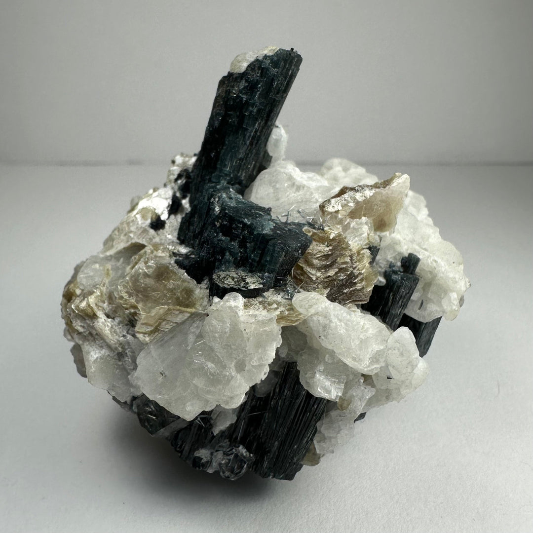Mineral specimen with black tourmaline crystal cluster, white quartz, golden mica