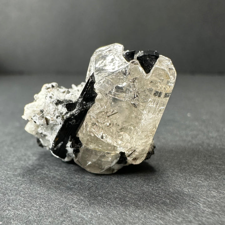 Mineral crystal specimen with clear white quartz crystals and dark black tourmaline pieces.