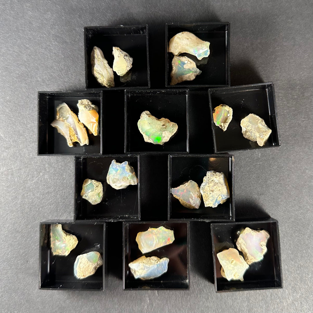 Assorted Welo opal crystal pieces in nine black display compartments.